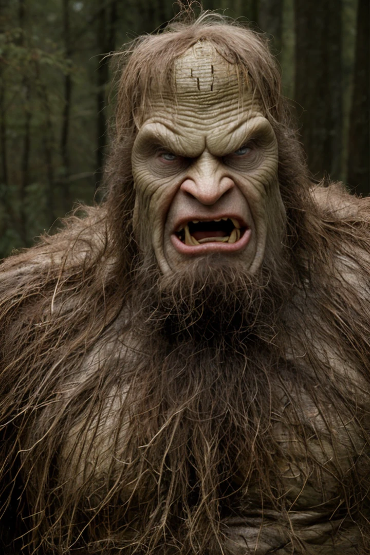 cinematic still of a fierce ogre, (damaged skin:1.9), (hairy:2.1), (broken teeth:1.2), (bulging muscles:1.9), (terrifying:1.9), highly realistic, head shot, (background is a trashed office:1.9), lowkey lighting, masterpiece, awardwinning photo, (film imperfections:1.5), (fisheye lens:0.5)