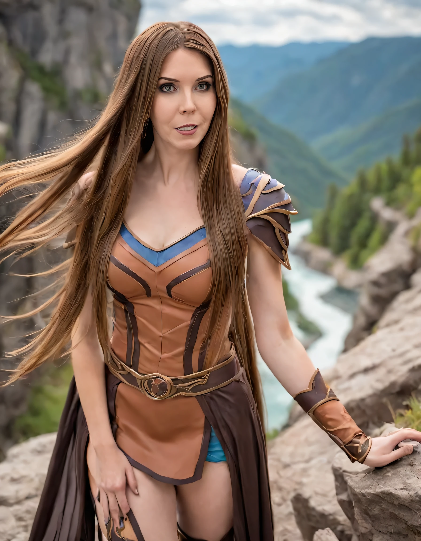 Capturing the vibrant KamuiCosplay woman with flowing brown hair and long locks, she poses confidently in her striking outfit amidst a stunning location, drawing attention to every detail of this visually captivating scene. <lora:gzqlgw18e92261fd5l68:1>