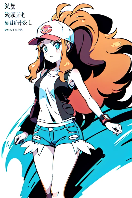 (xxgenga:1.5), (ccflatcolor:1.3),  masterpiece, high quality, absurdres, japanese text, (text:1.1), copyright name,  sketches, 
<lora:hilda_(pokemon)_v1:0.7> aahilda, long hair, high ponytail, sidelocks, hat, breasts, collarbone, white shirt, black vest, sleeveless, wristband, short shorts, denim shorts, exposed pocket, bbhilda, long hair, high ponytail,  white background, 
 <lora:genga style-000002:0.8>