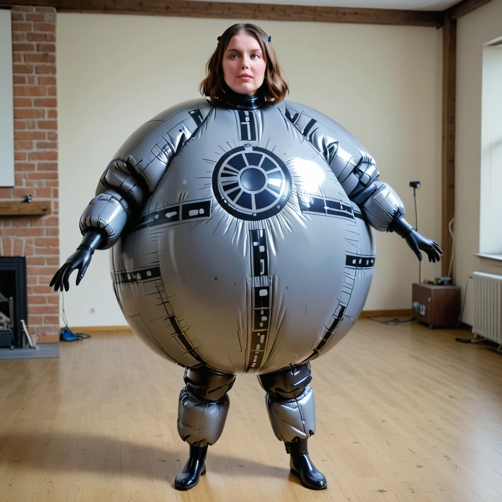 Woman wearing an inflatable spherical death star suit <lora:Inflatable_v6b_epoch_9:1>