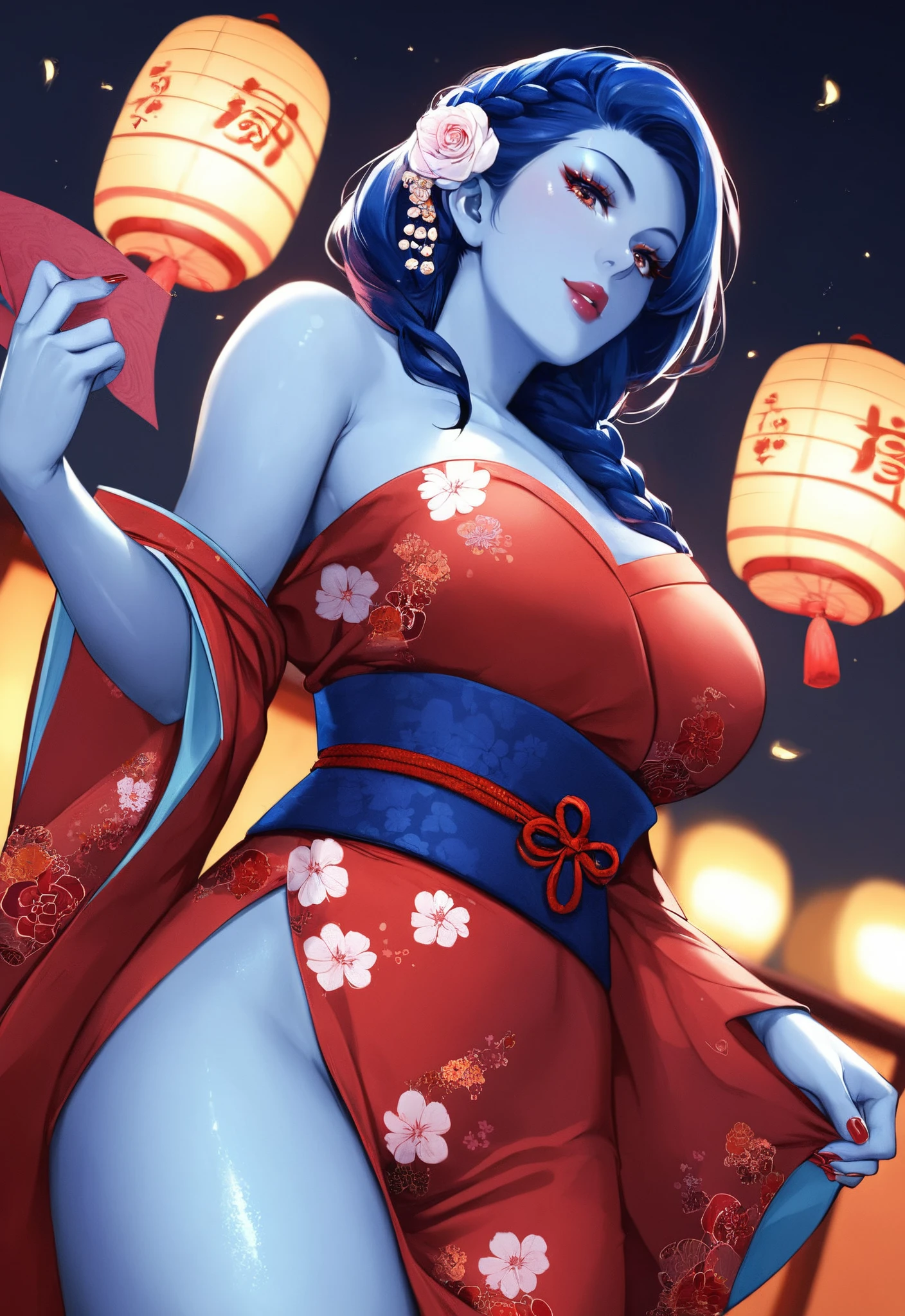 score_9, score_8_up, score_7_up, score_6_up, 1girl, solo, long hair, breasts, looking at viewer, large breasts, dress, blue hair, standing, braid, thighs, japanese clothes, kimono, nail polish, lips, sash, night, colored skin, looking down, short dress, floral print, from below, red dress, red nails, blue skin, paper lantern
