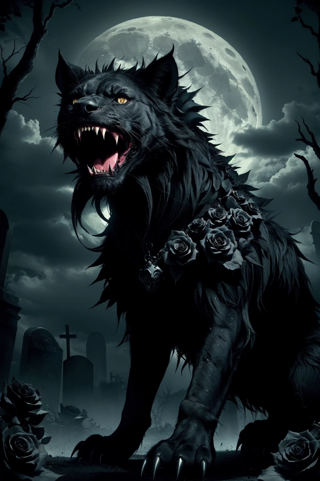 (a ferocious beast composed of black roses with sharp fangs, :1.3) ,
cemetery with graves, night with full moon background,
dark art, concept art, gothic art,moon light,
<lora:blackrosebykohya_ss-000004:0.3>
(blackrose,blackrosetheme,madebyblackrose:1.3)