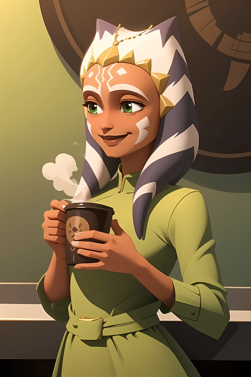 (masterpiece), (best quality), ahsoka tano, , green dress, coffee in hands, small smile