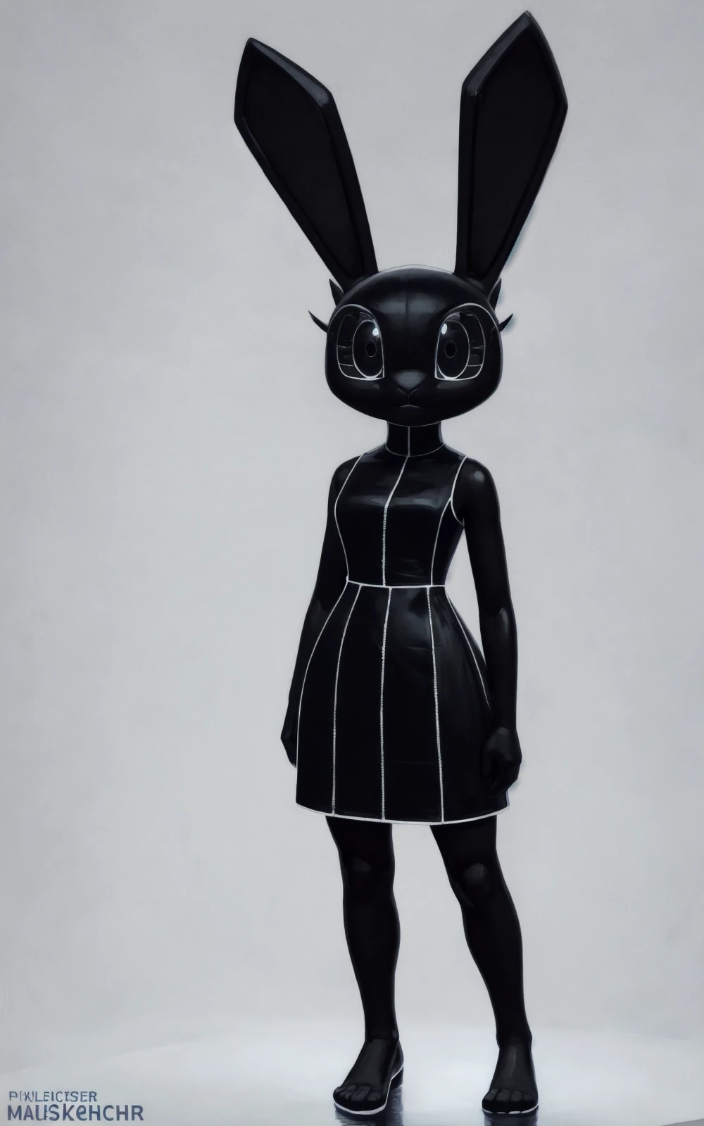 8k,4k,((Best quality, masterpiece, ultra high resolution)),((full body)), by pixelsketcher, <lora:VibriVR:0.8>,VibriVR,furry, rabbit ears, animal ears, furry female,rabbit girl, dress,black skin, polygon,white Background, feet,(black dress),complex eyes,black eyes