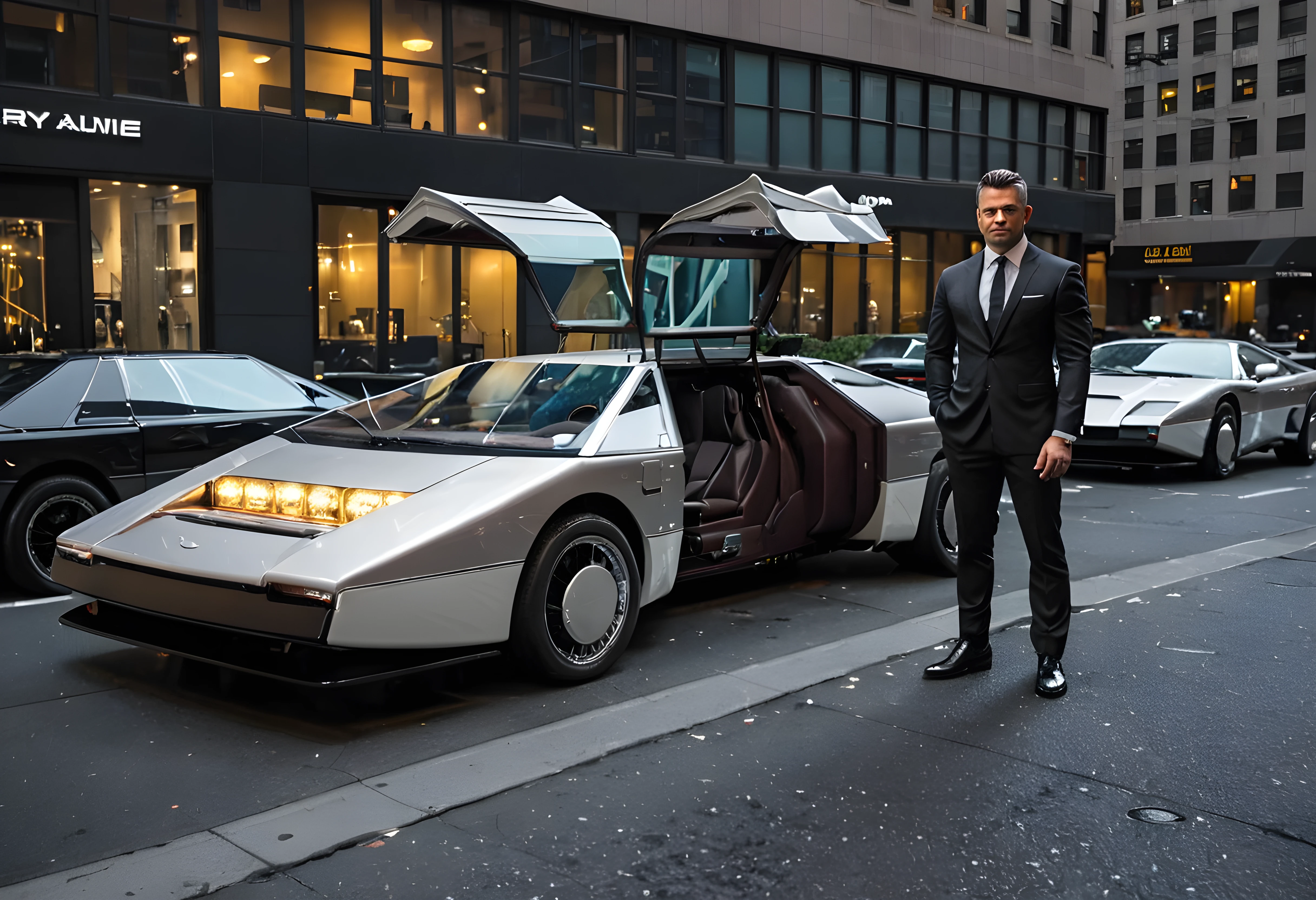 <lora:aston_martin_bulldog_sdxl_000009_lora_f16:1>,, realistic photo of a cyberpunk businessman next to his black aston martin bulldog, door open, black car, new York and city skyscrapers, dark night, headlights on, sci-fi, cyberpunk accessories, cyborg, neon lights