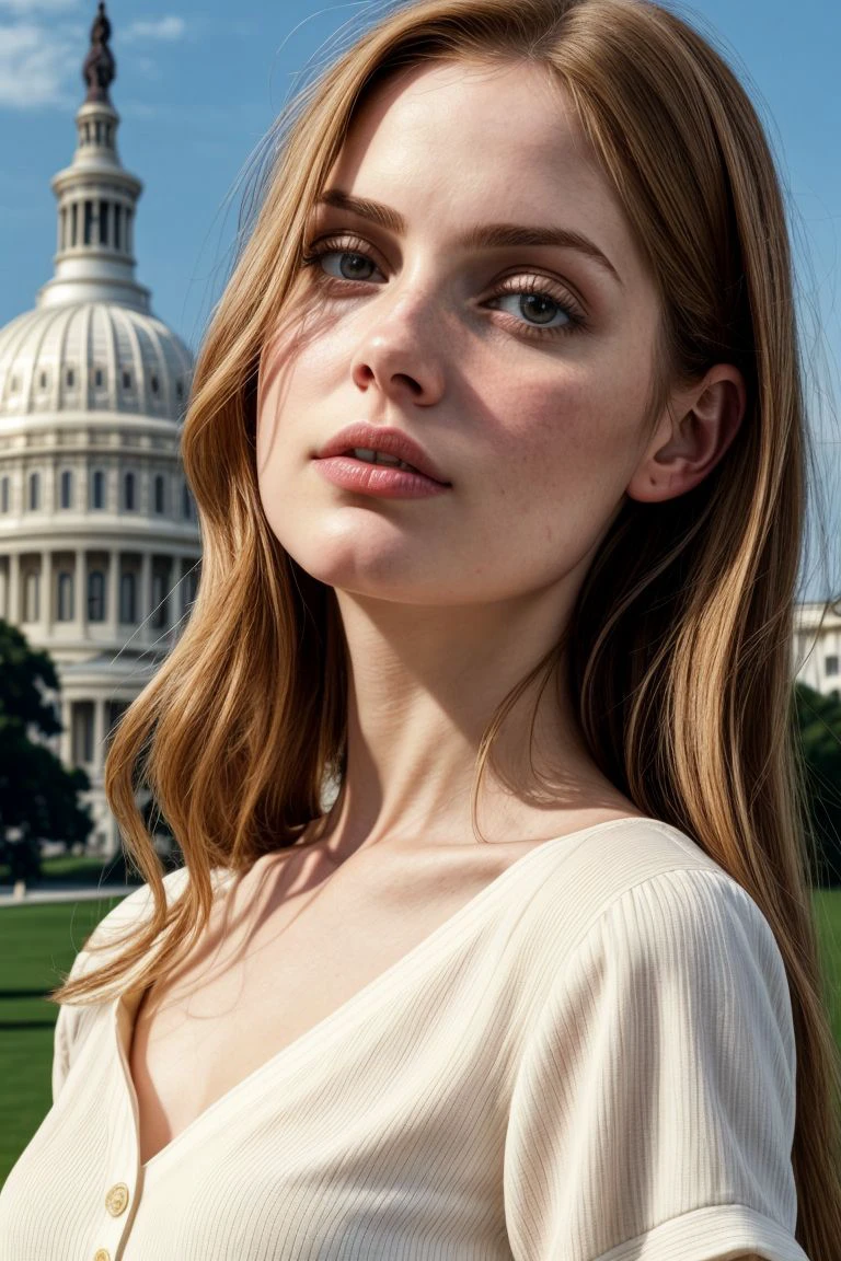 European woman, closeup, (shirt), pants, (us capitol), pearl necklace , ZM_nathalie , wide shoulders, perfect face, (contact iris: 1.1), pale skin, skin pores , depth of field