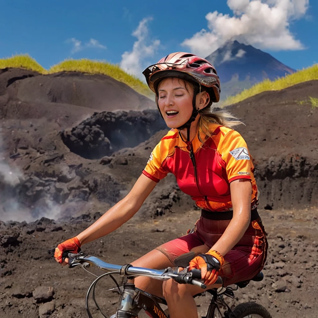 <lora:guatemala:1.25> a woman with closed eyes  riding a bike a volcano in the background, tack sharp, 4k, masterpiece