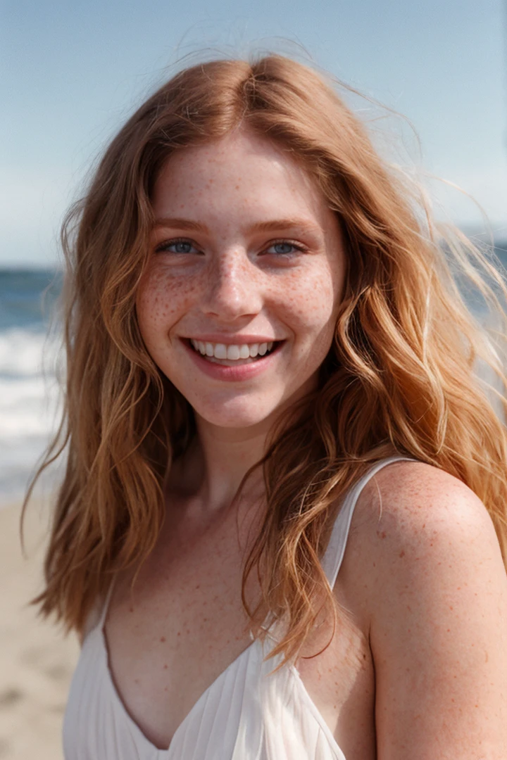 photo for an Instagram post,sun summer morning,close-up behind beautiful cute laugh ginger girl 18yo on a ocean beach,freckles,light lace clothes, smile, long waves curly hair, full lips,wind, , chiaroscuro, analog photo from album, aesthetic, cold cool pastel colors, white hatchted highlights,film grain,Lens flare, hyper realistic,fine textures,high quality textures of materials, volumetric textures, natural textures, (natural colors, correct white balance, color correction, dehaze,clarity)