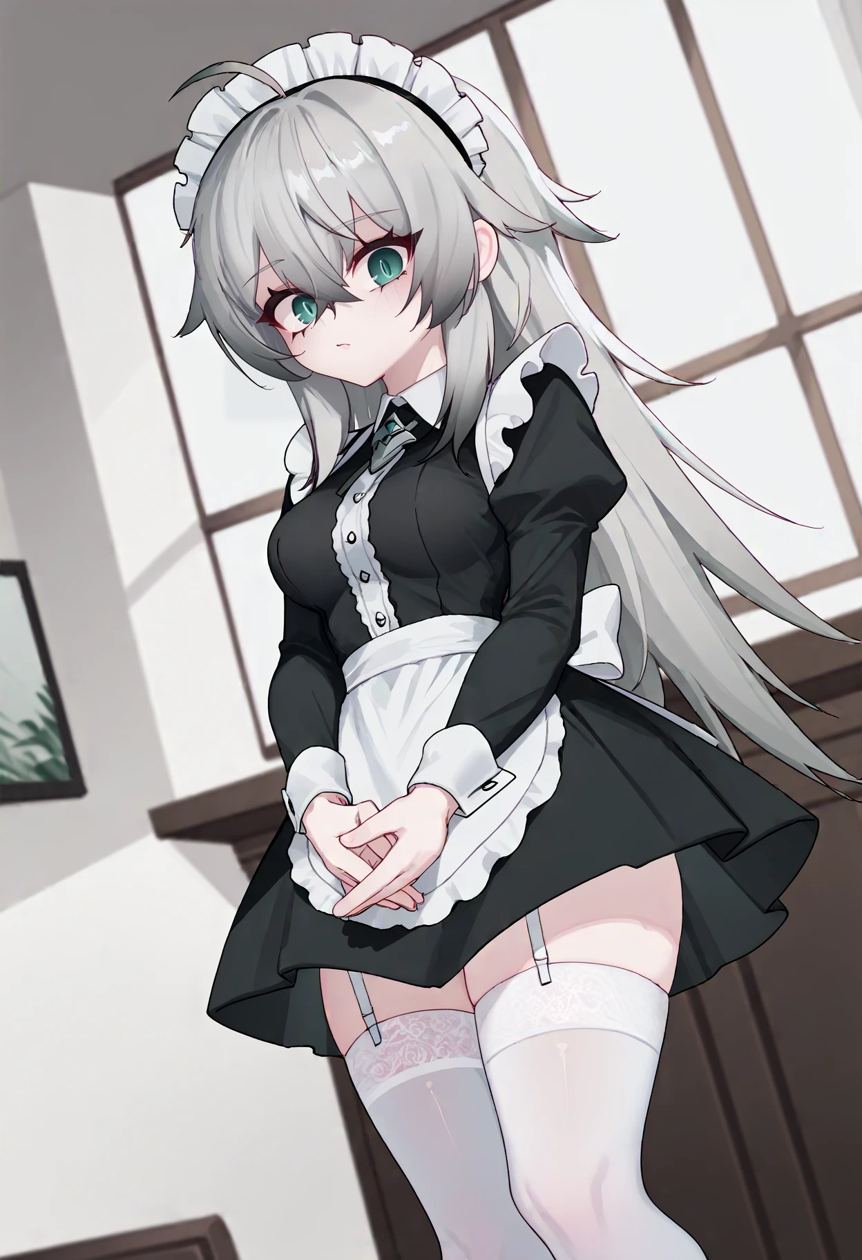 score_9, score_8_up, score_7_up, score_6_up, source_anime, BREAK dutch angle, indoors, 1girl, <lora:KatjaPDXL-v2-17:0.8> katja, long hair, grey hair, aqua eyes, hair between eyes, ahoge, maid, black dress, apron, long sleeves, maid headdress, medium breasts, thighhighs, garter straps, looking at viewer, own hands together, <lora:Eonsang_PDXL-v2-10:1>