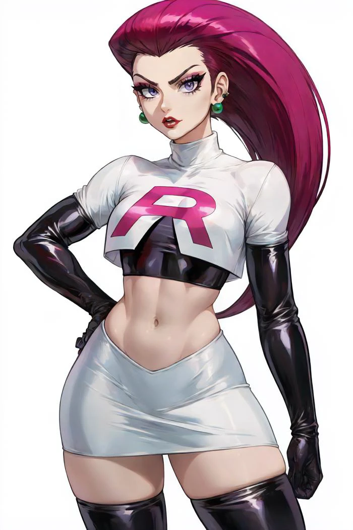 jessie, team rocket, earrings, hair slicked back, posing, makeup, elbow gloves, crop top, miniskirt, thigh boots, cowboy shot, white background <lora:TR_Jessie-DEF:0.7>, perfect, sharp, masterpiece, detailed, high resolution, best quality,