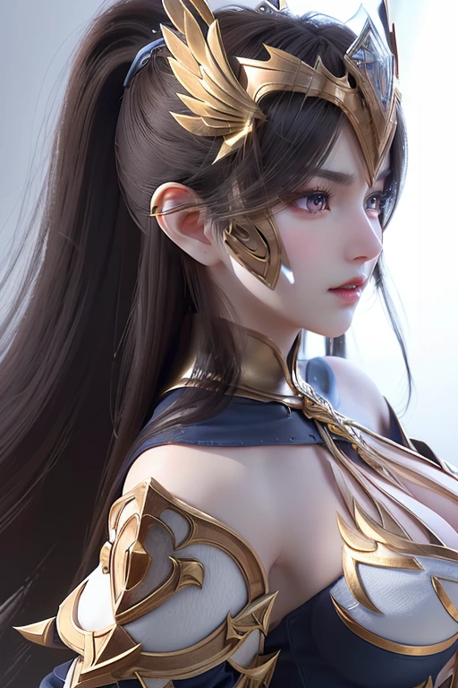 <lora:nvzhanshen-000006:0.8>,nvzhanshen,1girl,solo,long hair,white background,blue eyes,simple background,ponytail,Inlaid with gold,white armor,battle suit,gloves,black hair,portrait,armor,lips,looking up,from side,, best quality , masterpiece, illustration, an extremely delicate and beautiful, extremely detailed ,CG,unity,8k wallpaper, Amazing, finely detail, masterpiece, best quality,official art,extremely detailed CG unity 8k wallpaper,absurdres, incredibly absurdres, huge filesize , ultra-detailed, highres, extremely detailed,beautiful detailed girl, extremely detailed eyes and face, beautiful detailed eyes,light on face,