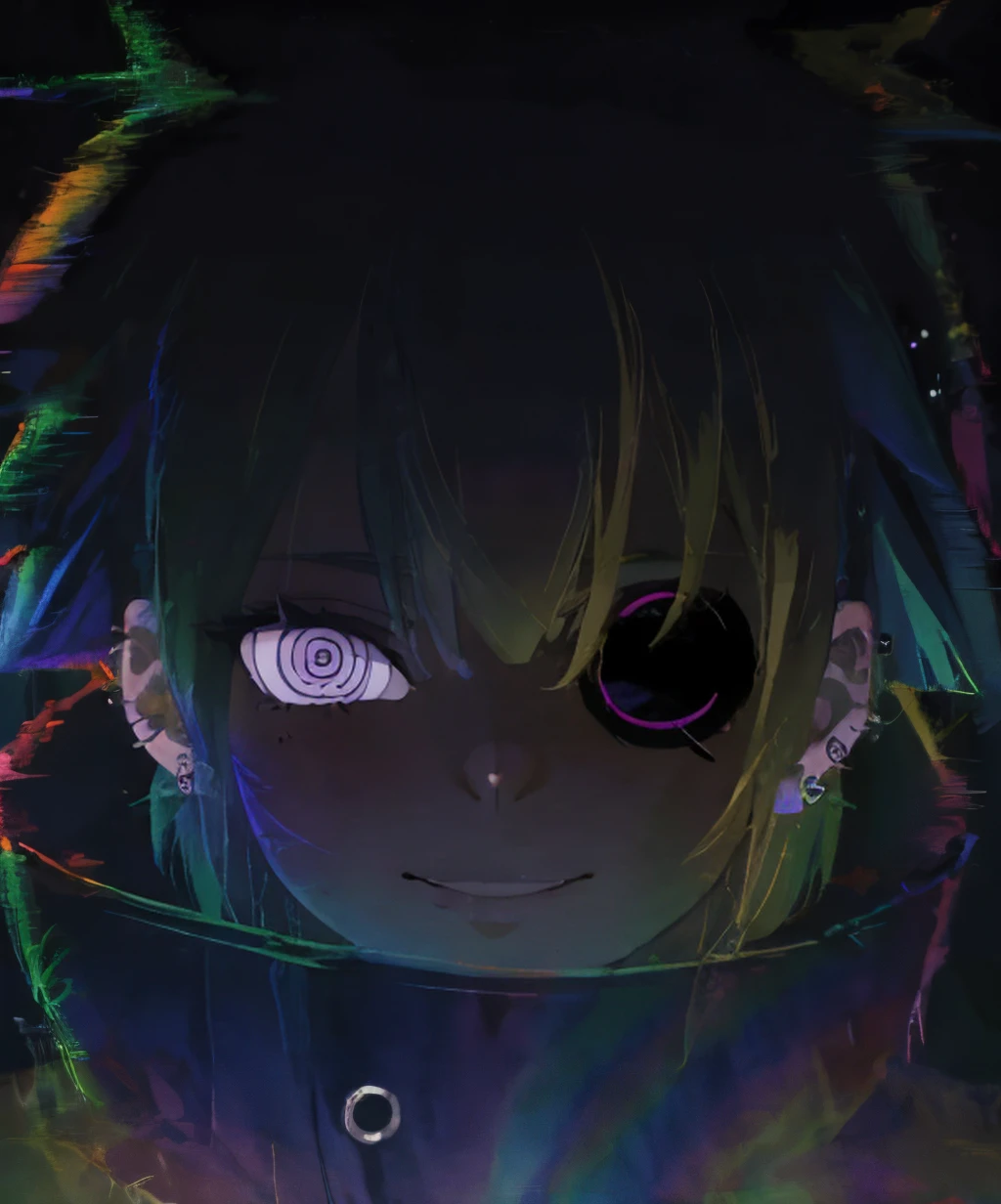 (ultra-detailed),(masterpiece),(best quality),dark,glitch,rainbow,1girl,purple eyes,eyepatch,smile,piercing,looking at viewer,portrait,solo,<lora:gentoshin_no_jutsu-07:1>,