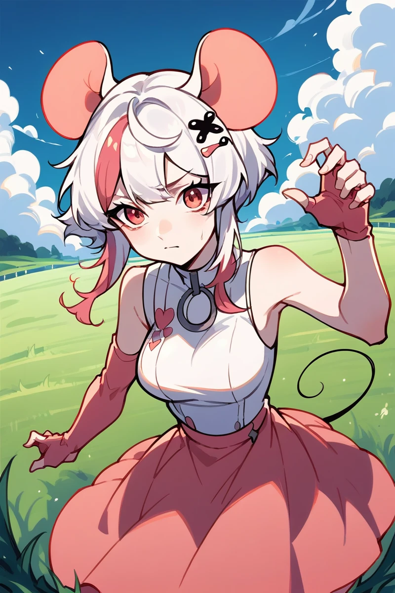 (1 girl, solo, <lora:mouseyXL:0.8>, mouse ears, hair ornament, mouse tail, white shirt, detached sleeves, pink dress, one detached pink sleeve on right hand, one fingerless pink glove on left hand), field, (masterpiece, source anime, score_9, score_8_up, score_7_up, score_6_up, score_5_up, (2.5d):1.3),<lora:add_detail:2>, <lora:Smooth Anime 2 Style SDXL_LoRA_Pony Diffusion V6 XL:0.3>