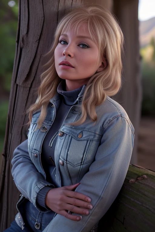 (RAW, analogue, Nikon Z 14mm ultra-wide angle lens, award-winning glamour photograph, ((best quality)), ((masterpiece)), ((realistic)), skin pores, subsurface scattering, radiant light rays, high-res, detailed facial features, high detail, sharp focus, smooth, aesthetic, extremely detailed, (extremely detailed eyes, extremely detailed iris), extremely detailed hair, extremely detailed skin, extremely detailed clothes, octane render, photorealistic, realistic, post-processing, max detail, realistic shadows, roughness, natural skin texture, real life, ultra-realistic, photorealism, photography, 8k UHD, photography, hdr, intricate, elegant, highly detailed, sharp focus, stunning, beautiful, gorgeous), (photorealistic), (realistic), 5u54no1iv3r, full body, blonde hair, blue eyes, (denim jacket:1.3), (black turtleneck sweater:1.1), jeans, lips, outdoors, on a ranch, leaning on a wooden post, looking at viewer, upper body, morning, bright, <lora:Susan_Oliver_PMv1a_Lora:1.3>,