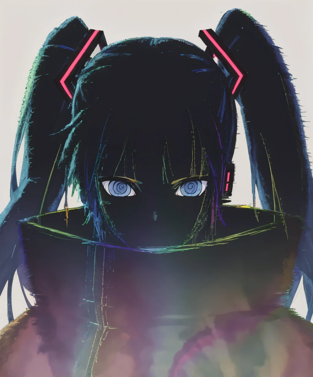 (ultra-detailed),(masterpiece),(best quality),dark,glitch,rainbow,blue eyes,hatsune miku,solo,looking at viewer,1girl,long hair,upper body,male focus,<lora:gentoshin_no_jutsu-07:1>,