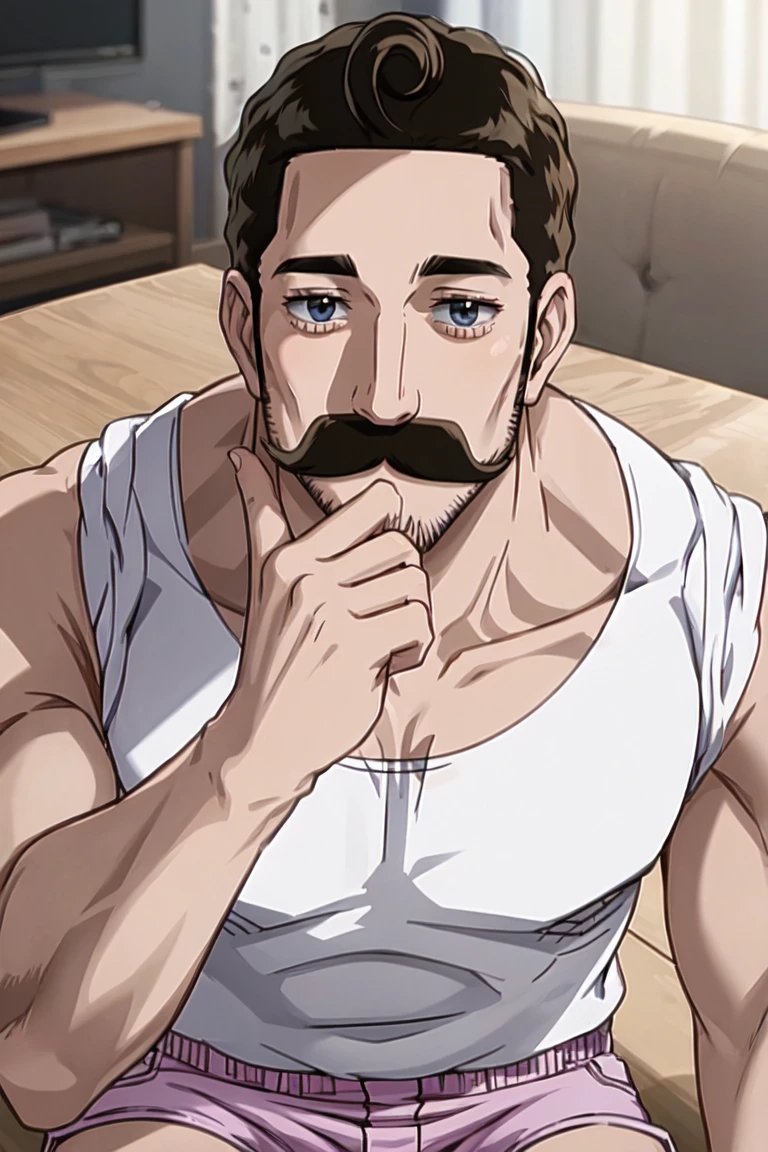 masterpiece, best quality, ultra-detailed, glistening shiny, glowing light, ray tracing, HDR, deph of field, (perfect face, detailed face), <lora:Alaindelon:0.8>, alaindelon, mustache, facial hair, muscular, white tank top, pink shorts, hand to own chin