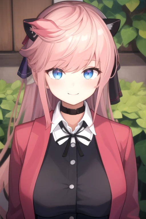 ((masterpiece)),(best quality),official art,extremely detailed CG,unity 8k wallpaper,ultra detailed,beautiful detailed eyes,extremely detailed face,outdoors,1girl,solo,upper body,(portrait:1.5),looking at viewer,facing viewer,smile,Vivi(v atmi),horns,long hair,pink hair,hair ribbon,black ribbon,sidelocks,bangs,blue eyes,choker,red coat,black dress,shirt under dress,collared shirt,white shirt,neck ribbon,white button,long sleeves,black gloves,large ,black belt,black thighhighs,zettai ryouiki,boots,black footwear,<lora:Vivi(v atmi)>,