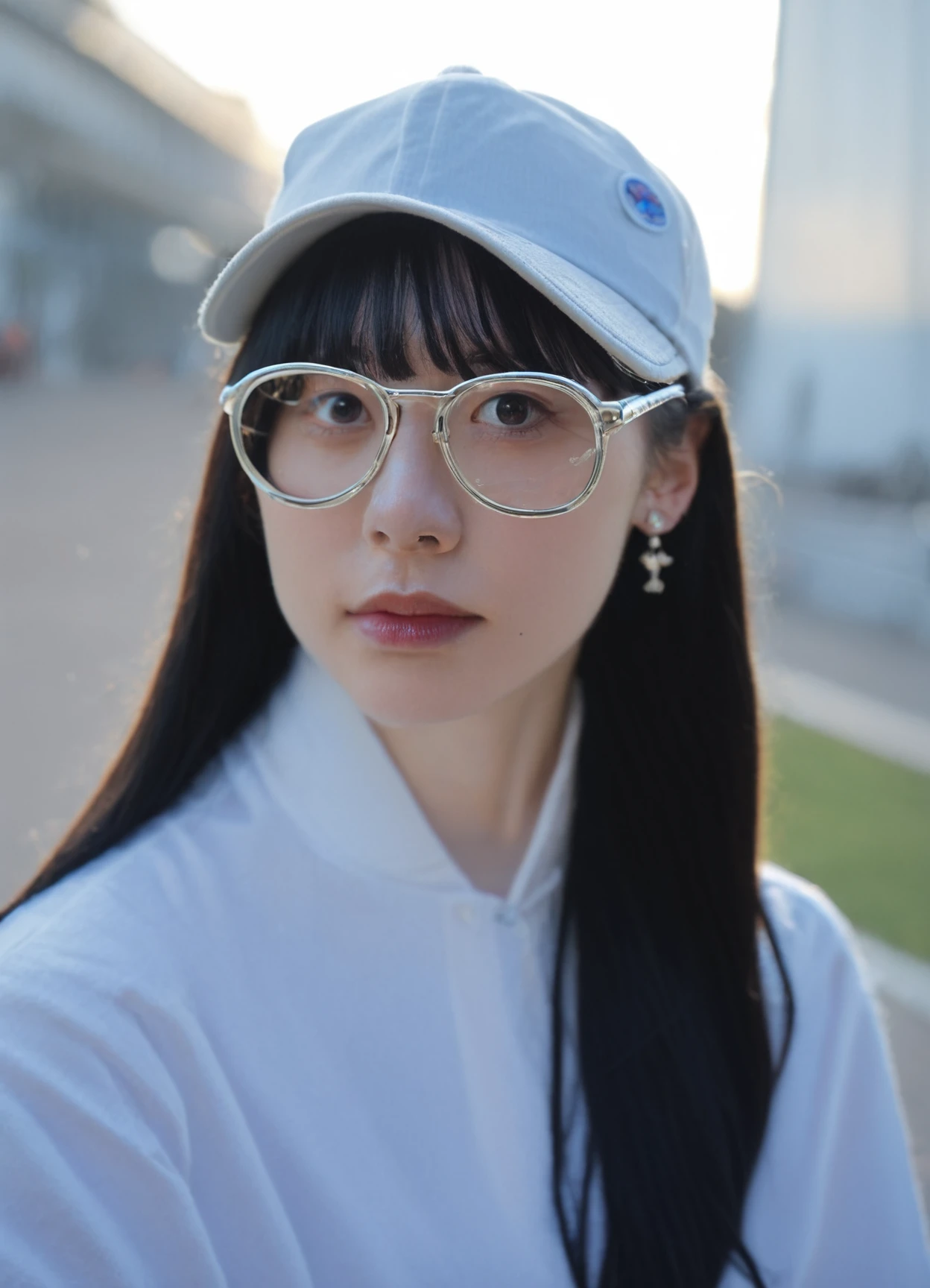 score_8_up BREAK realistic, photo , irl, analog photography, 1girl, black hair, hat, long hair, earrings, baseball cap, upper body, jewelry, blurry background, bangs, glasses<lora:RetouchPhoto_PonyV6_v3.1:1>