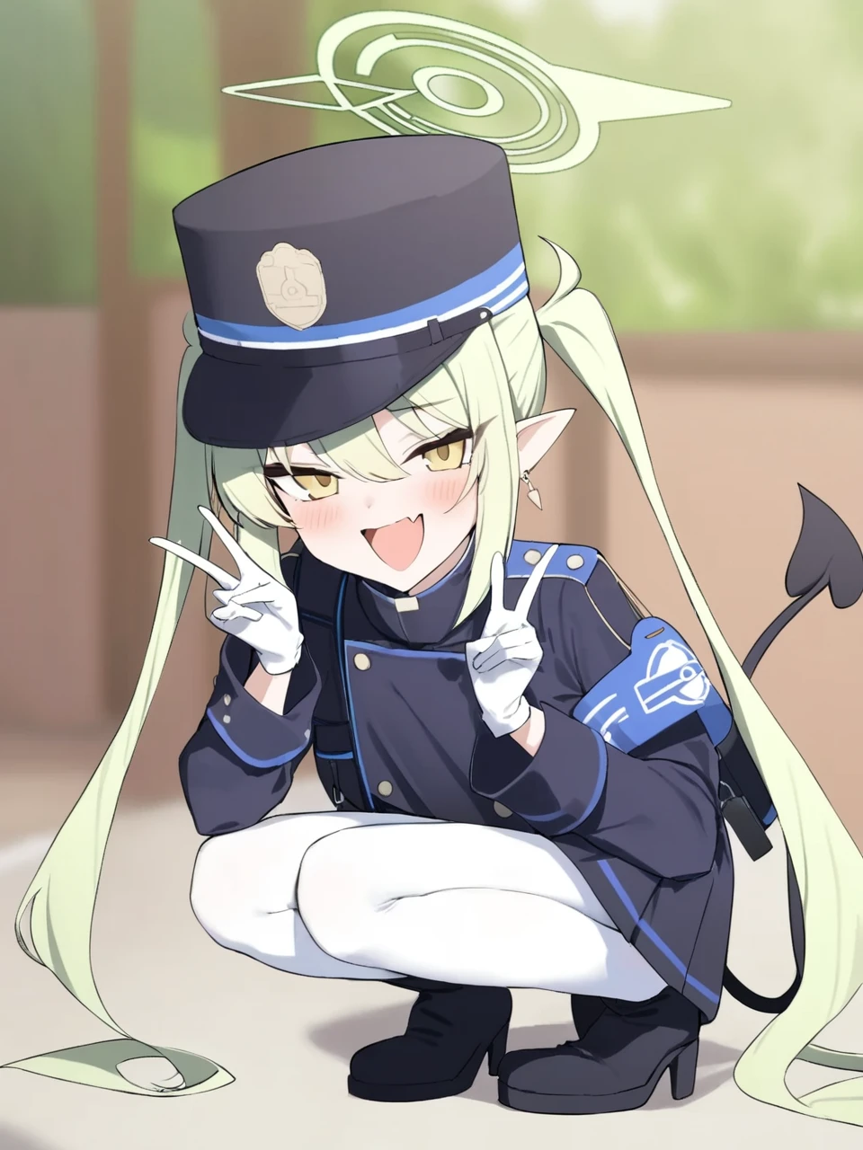 1girl, white hair, blue eyes, wolf ears,, belt, black belt, black footwear, black hat, black shirt, black skirt, blush, boots, flying sweatdrops, large breasts, hat, long sleeves, open mouth, pantyhose, peaked cap, pleated skirt, shirt, sidelocks, simple background, skirt, solo, white background, white pantyhose,
masterpiece,best quality, newest, absurdres, safe