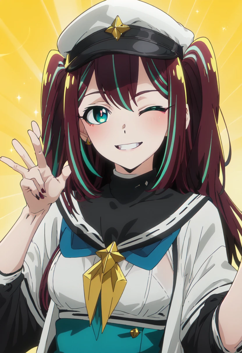 best quality, masterpiece, highres, solo, (matama_akoya_mahoushoujoniakogarete:1.10), smile, happy, one eye closed, portrait, looking at viewer, anime_style, 44 <lora:matama_akoya_mahoushoujoniakogarete:0.80>