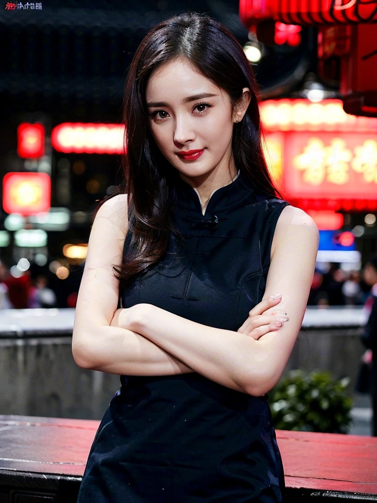 1girl, (wearing a sleeveless cheongsam:1.2),(in Shanghai city:1.2),(RAW photo, best quality), (realistic, photo-realistic:1.4), masterpiece, an extremely delicate and beautiful, extremely detailed, 2k wallpaper, Amazing, finely detail, extremely detailed CG unity 8k wallpaper, ultra-detailed, highres, soft light, beautiful detailed ????, extremely detailed eyes and face, beautiful detailed nose, beautiful detailed eyes,cinematic lighting,perfect anatomy,(slim body:1.3),long hair,(black hair:1.2),city lights at night,smiling, crossed arms, 
<lora:add_detail:0.2> <lora:neg4all_bdsqlsz_V3.5:1.2> <lora:Yangmi_V11:0.8>