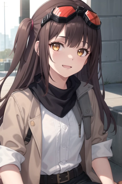 ((masterpiece)),(best quality),official art,extremely detailed CG,unity 8k wallpaper,ultra detailed,beautiful detailed eyes,extremely detailed face,outdoors,1girl,solo,upper body,(portrait:1.5),looking at viewer,facing viewer,smile,very long hair,brown hair,one side up,goggles on head,yellow eyes,bangs,brown jacket,black scarf,white shirt,black gloves,small breasts,sleeves rolled up,belt,black shorts,short shorts,shorts rolled up,bare legs,bandaid on leg,bandaid on knee,orange socks,boots,<lora:Mayling Shen(gf2):0.6>,
