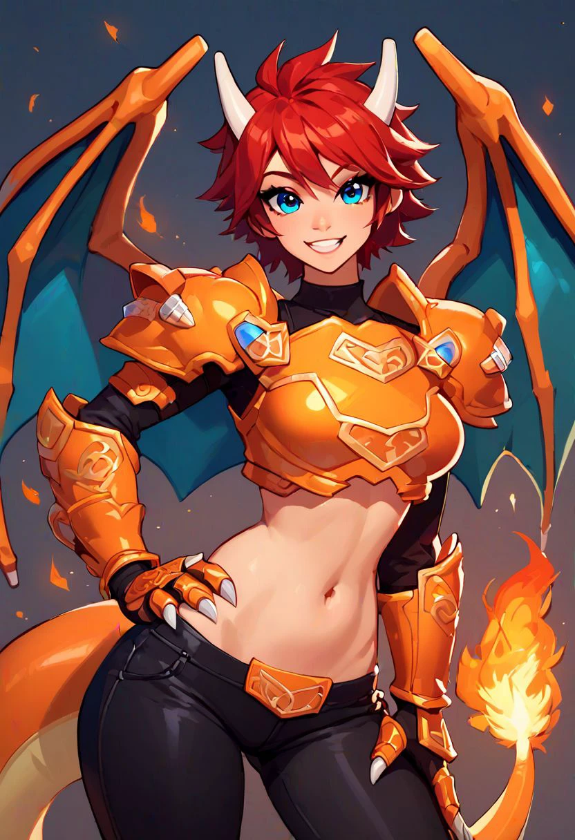 score_9, score_8_up, score_8, medium breasts, 
(curvy), cute, eyelashes, 
Charizard, horns, orange armor, breastplate, gauntlets,  shoulder armor, fire, red hair, 
 smile, looking at viewer, cowboy shot, contrapposto, hand on hip, 
pants,