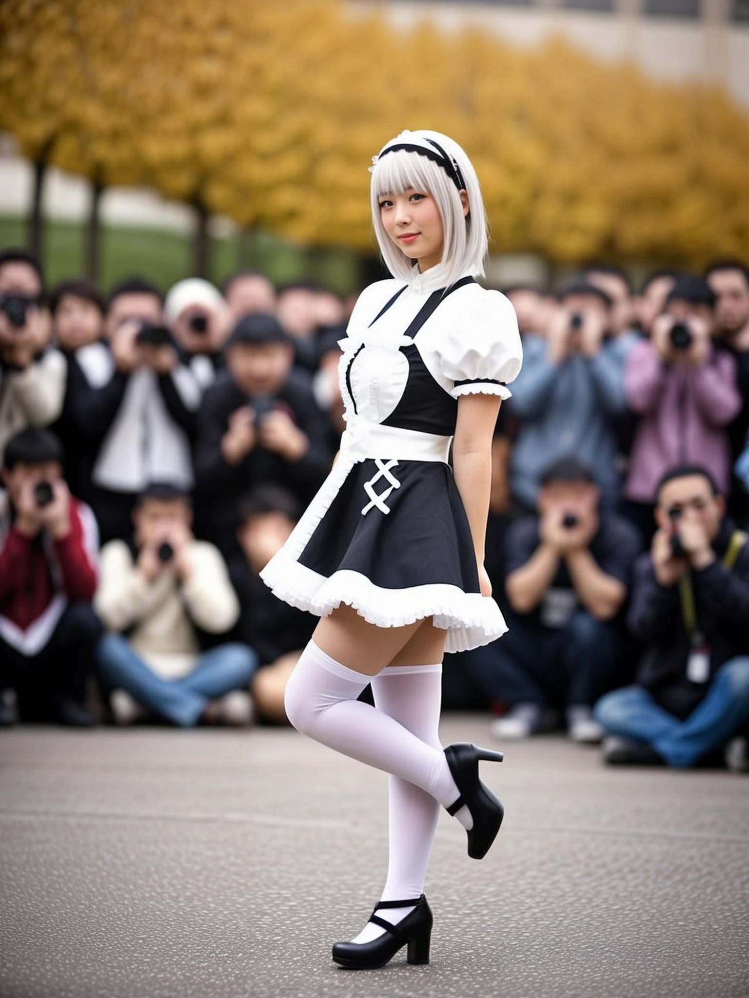 a beautiful 18-year-old Chinese woman,
multiple clothed male photographers taking photos of a woman with cameras and multiple clothed male photographers taking photos of the same woman with phones and multiple photographer backgrounds, woman focus, woman standing, she stands on one leg,thighhighs, taking picture, high heels, short hair, crowd, apron, blurry, woman with gray hair, maid, black footwear, hairband, cosplay, depth of field, short sleeves, breasts, dress, smile, frills, puffy sleeves, shoes, full body, maid headdress, lace-trimmed hairband
<lora:cosplay & multiple photographer backgrounds_V1:0.7>,<lora:depth of field slider v1-æ¯æ·±:-6>,depth of field,blurry background <lora:asianbabe_V6:0.5>
outdoors,square, <lora:LCM_LoRA_Weights_SD15å éå¨:1>