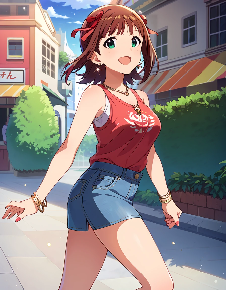 score_9, score_8_up, score_7_up, source_anime,
pinup of 1girl, solo, dutch angle,  dating, lovers, walking, joyful, smile, open mouth, (looking at viewer:1.2),
outdoors, street, 
 <lora:AmamiHaruka_pony_v1:0.9>
ammhrk, short hair, bangs, brown hair, green eyes, (red hair ribbon:1.2), ribbon, medium hair, 
casual wear, shirt, miniskirt, denim skirt, thighs,
lipstick, earrings, necklace, bracelet, nail polish, 
detailed eyes, eye refraction,