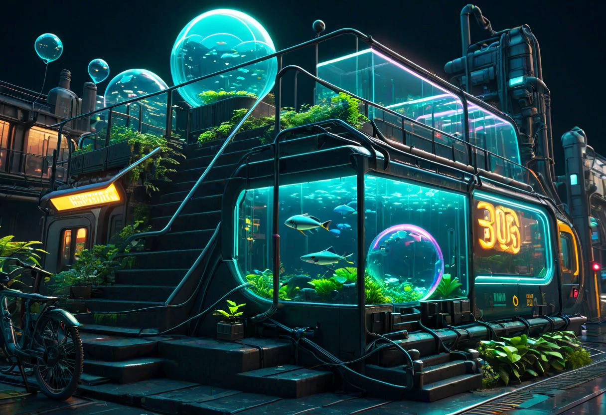 neon isometric, background, bubble, animal, globe, aquarium, cable, still life, train, bicycle cityscape, stairs, reflective floor, cyberpunk, dystopian city, plant, extremely detailed, masterpiece, official art, best quality, octane render, absurdres, side lighting, neon lighting, isometric view, diorama, cinematic lighting, cinematic angle