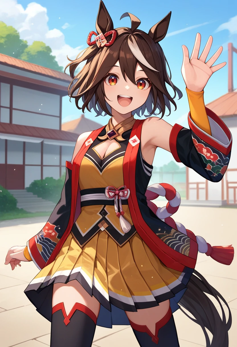 reimu hakurei cheeks are red Natural Laughing Face Show from head to thigh cute face small breasts small butt good style Normal attire Near the cherry blossoms Cherry blossom petals are dancing small thin legs