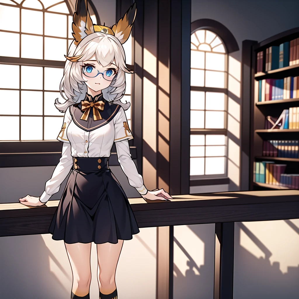 (((masterpiece))),(extremely detailed 8k wallpaper),(((best quality))),<lora:Better light:0.5>,(volume light:0.8),shadow,(best illustration),<lora:kalliope:0.7>,solo,(upper_body:1.7),(1girl:1.4),blue eyes,white hair,round eyewear,long hair,bangs,animal on head,owl,(blush:1.1),standing,holding_book,(book:1.1),medium breasts,long sleeves,[[:â,:0.5]::0.9],bowtie,white shirt,black skirt,high-waist skirt,kneehighs,black footwear,
(library:1.2),(window:1.1) and (day:1.4) and cloudy sky,cityscape,dynamic_angle,
