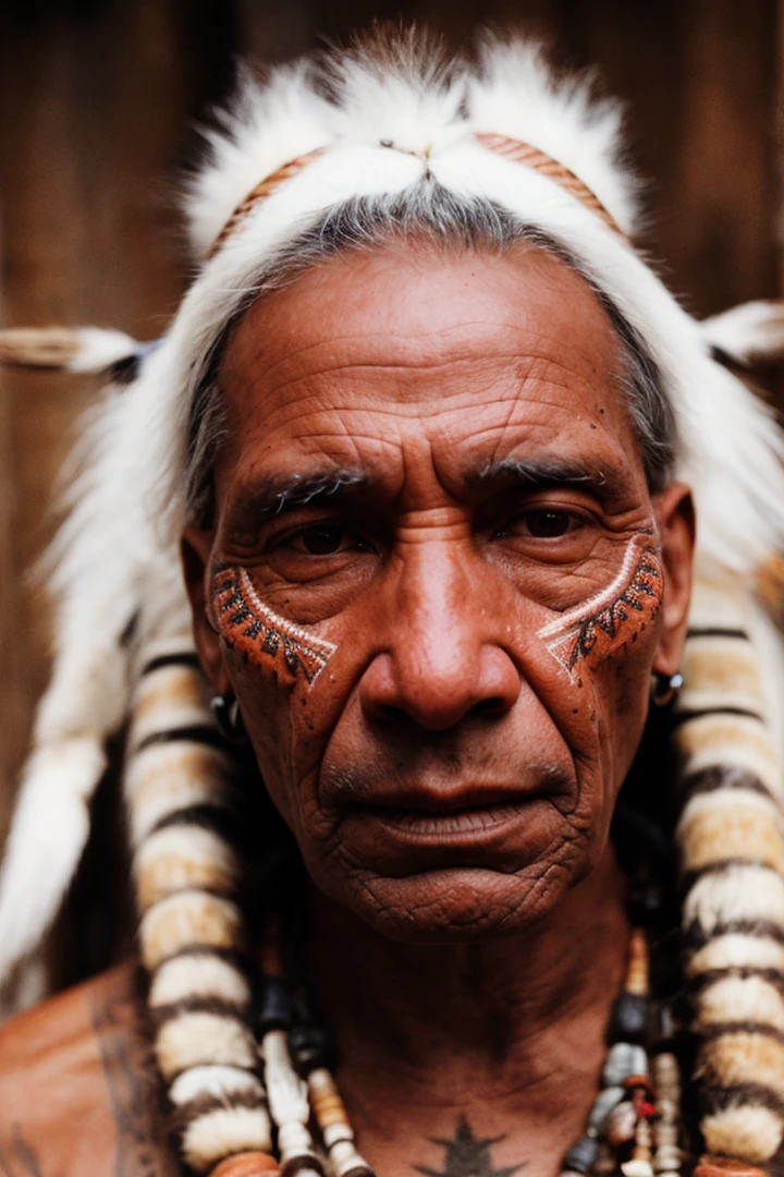 Tribal chief, face exuding an aura of malevolence, textured skin resembling symbiotic entities intertwining, colorful tribal markings accented in an ominous style, extreme close-up,,90th photos from photo album, film, vintage style, flash from camera, hyper realistic,fine textures,high quality textures of materials, volumetric textures, natural textures, (natural colors, correct white balance, color correction, dehaze,clarity)