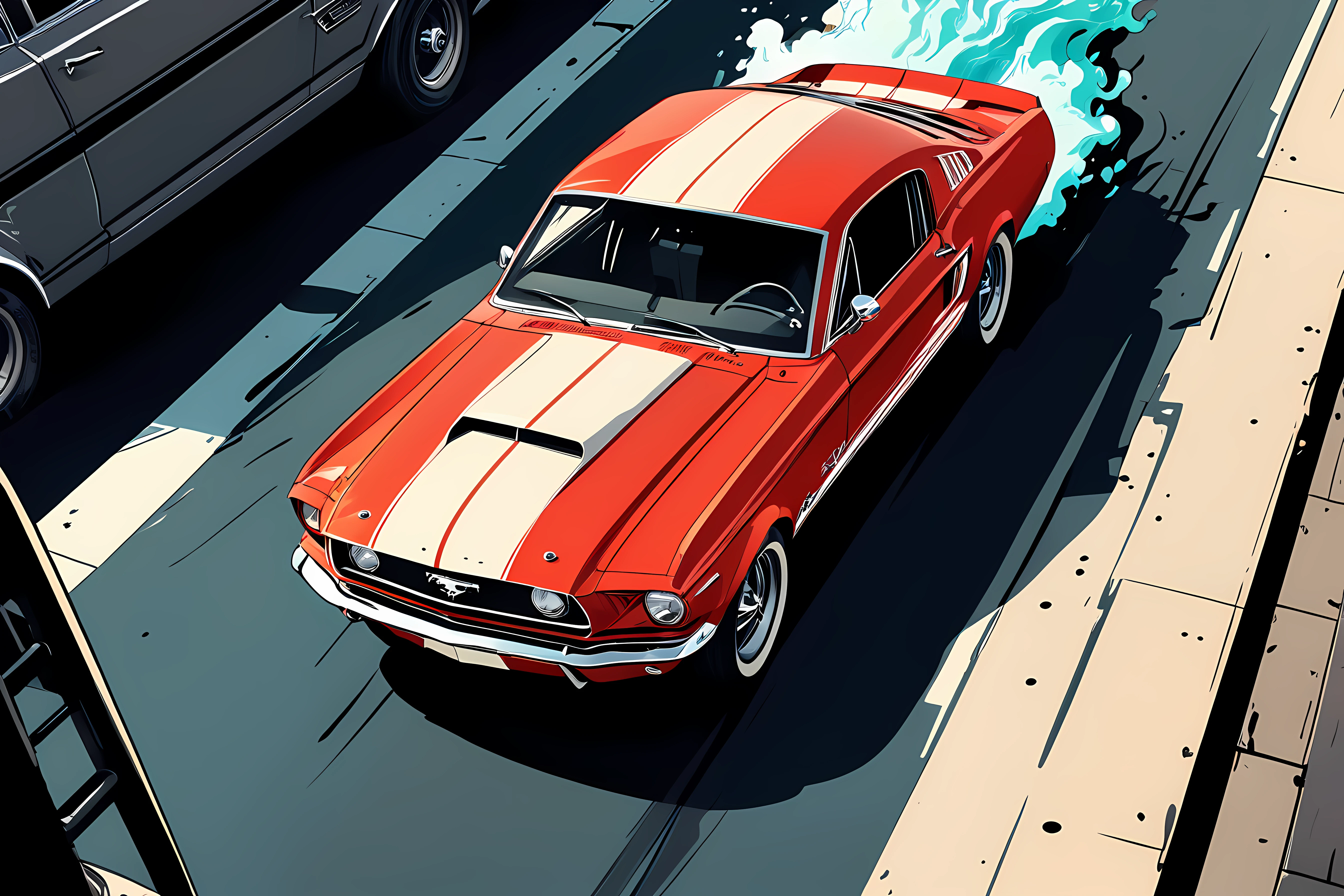 <lora:the_pulp_session_lora_f16:1>,, aerial view of a ford mustang, car chase, epic, action, cinematic, motion trails, colored inked, comics, graphic novel illustration, flat colors, highly detailed, large gradient, paper texture, go pro, color graded illustration, comics page, night, sk scrapers, behind, (rear view):1.2