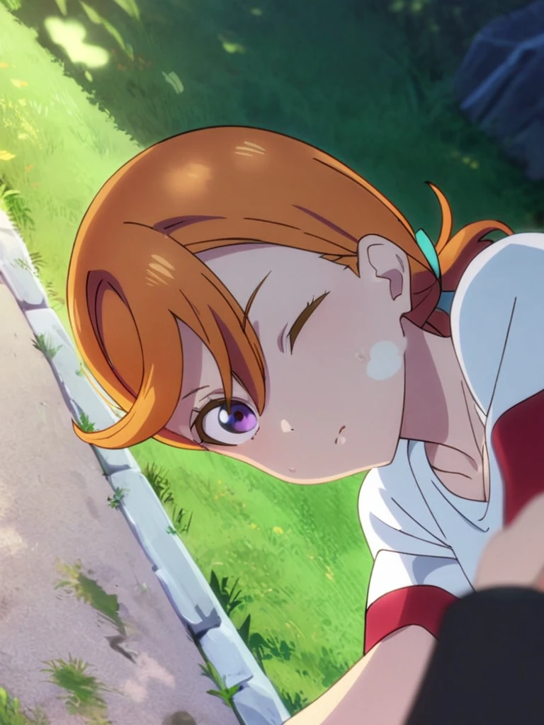 masterpiece, best quality, very aesthetic, absurdres, upper body, close, pov, top down view,
<lora:kanon-sdxl-000056:0.9>,
shibuyakanon, orange hair, one eye closed, (kanontraining, short hair, low tied hair), white t-shirt, red sleeves, short sleeves, (from side:0.8),
heavy breathing, looking at viewer,