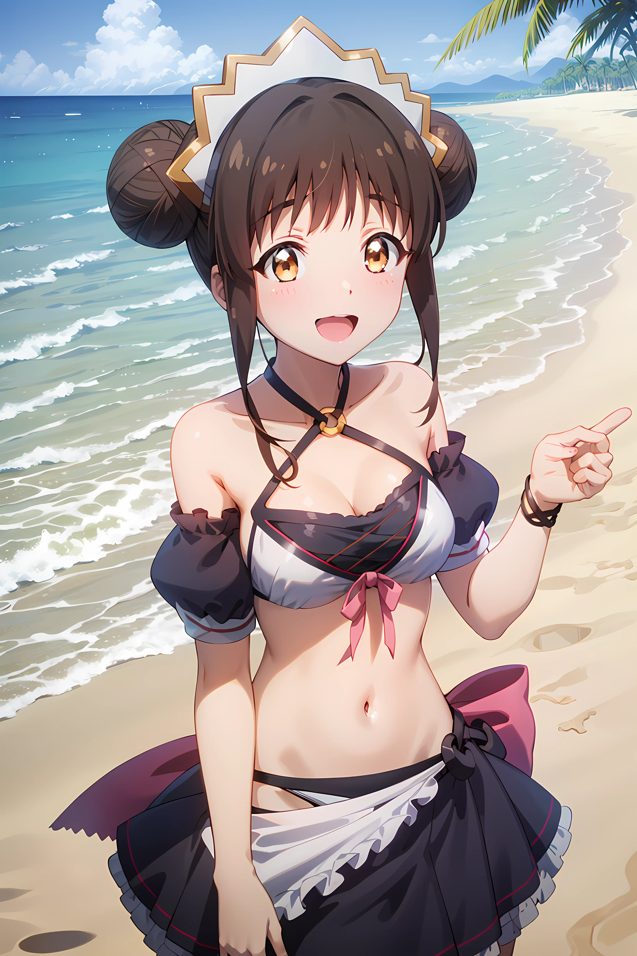 best quality, masterpiece, detailed,
<lora:PrincessConnect_Suzume_1:0.8>, Suzume,
1girl, open mouth, smile,
brown hair, short hair, brown eyes, double bun, 
SuzumeBikini, maid headdress, o-ring, bikini, criss-cross halter, detached sleeves, bikini skirt, pink bow,
looking at viewer,
beach, water, sand, palm tree, (horizon:1.2)