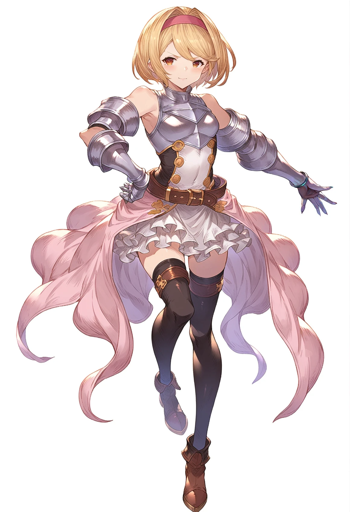 score_9, score_8_up, score_7_up, score_6_up, masterpeice, BREAK
source anime, granblue_fantasy_style_xl, granblue, 1girl, blonde hair, djeeta (granblue fantasy), solo, thighhighs, hairband, silver armor, short hair, boots, gauntlets, brown eyes, sheath, full body, black thighhighs, gloves, skirt, shoulder armor, sheathed, belt, pink hairband, breastplate, zettai ryouiki, hand on own hip
<lora:granblue_fantasy_style_pony:1>