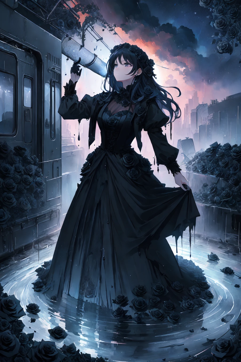 gorgeous and stylish water color painting,strong color contrast,beautiful night sky,raining,
(solo,train composed of black roses :1.3),
(black rose theme, brightness absorbing flowers:1.3),
extremely fantsy atmosphere, ultra high res,
<lora:blackrosebykohya_ss-000004:0.5> blackrose, blackrosetheme, madebyblackrose,