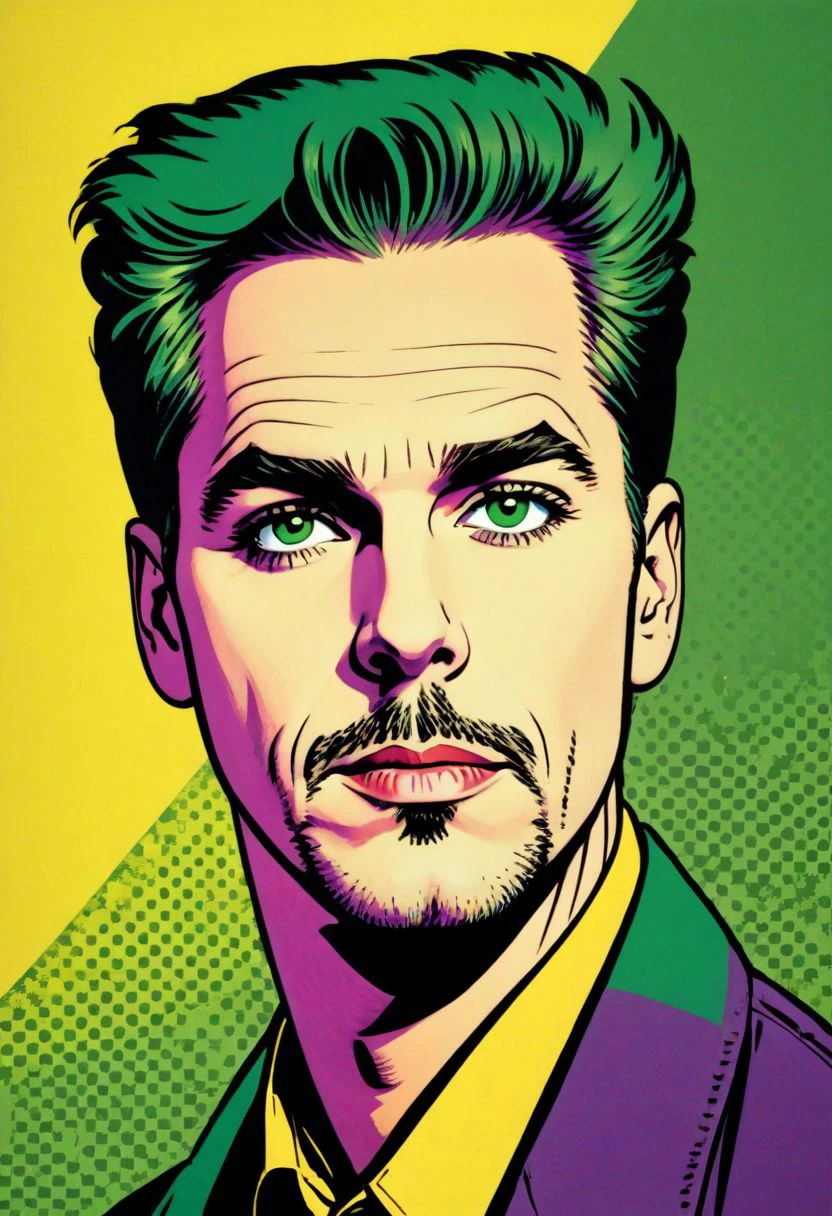 prtxztl,  1boy, male focus, solo, facial hair, green eyes, yellow shirt, purple hair, jacket, shirt, green jacket, pop art, screen printing, halftone printing, contemporary art, modern art, graphic art, commercial art, bold colors, bold lines, comic book style, comic art, advertising art, kitsch, retro style, vibrant colors, 1boy, male focus, solo, facial hair, green eyes, yellow shirt, purple hair, jacket, shirt, green jacket, flat color, newsprint texture, illustration, art by Andy Warhol and Roy Lichtenstein, retro art style, ligne claire