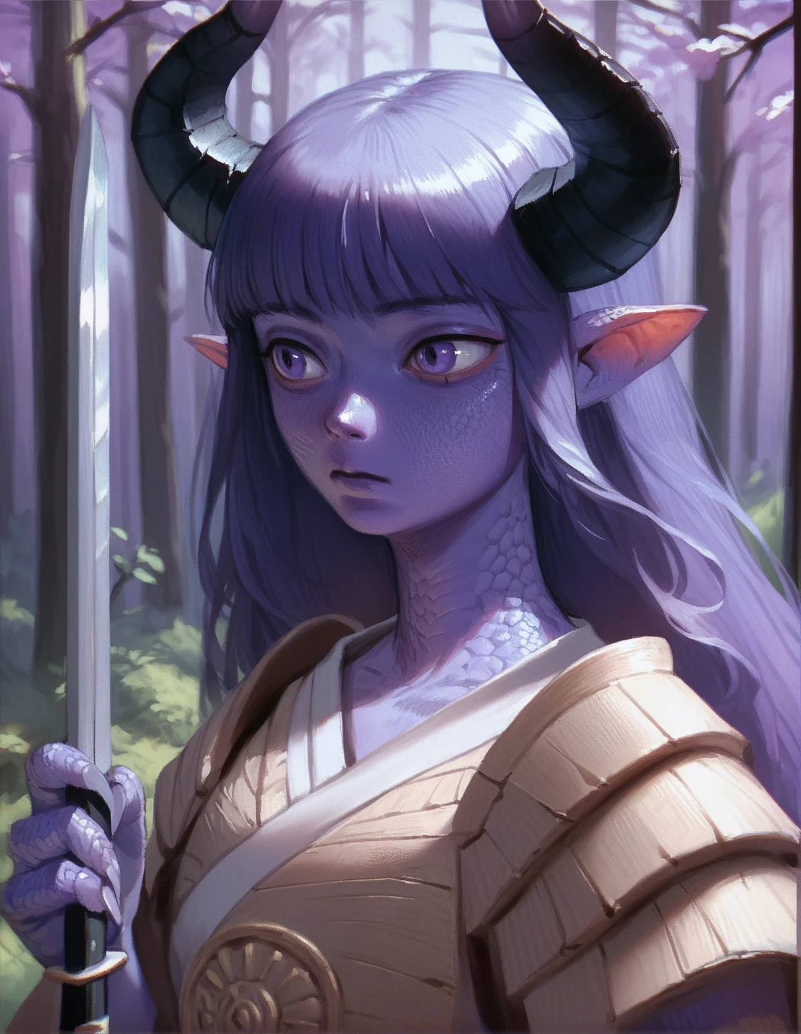 score_9, score_8_up, score_7_up, score_6_up, score_5_up, score_4_up, 1girl, upper body, portrait, monster girl, samurai, armored, holding sword, long hair, horns, scales, blue and purple gradient skin, birch forest, <lora:letsfinalanswer_v4:0.9>