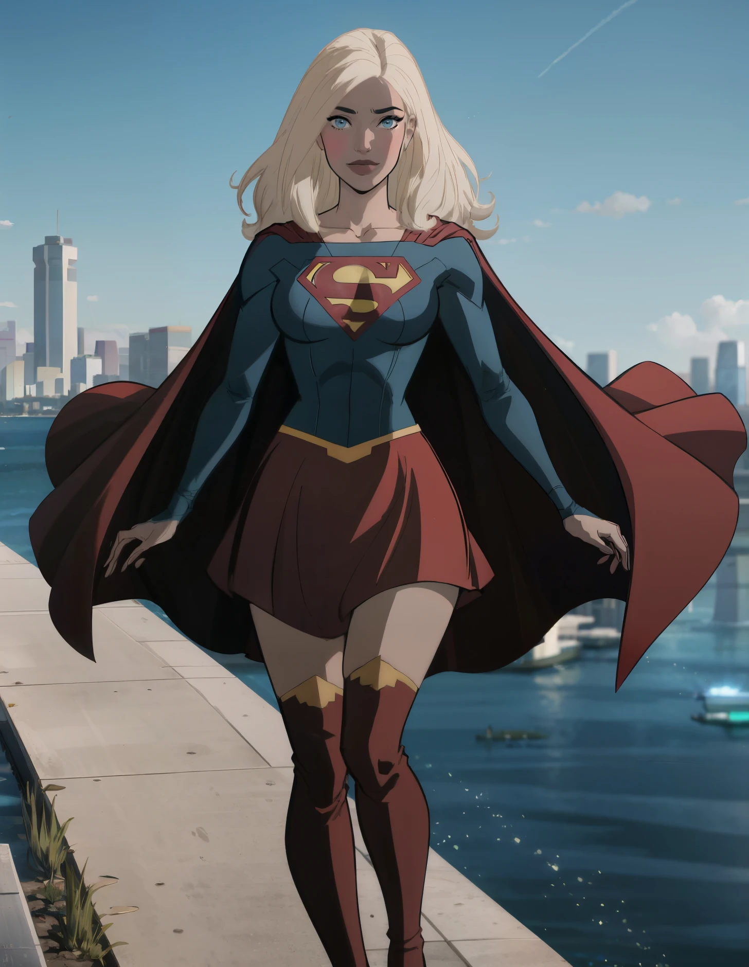 perfect quality,detailed, (medium breasts:1),looking at viewer,<lora:Supergirl_Tomorrowverse_V2-10:1>,sharp image,skirt,thigh boots,red skirt,,classic superman logo,thighighs,blue top,golden belt,cape,flying,floating cape,megapolis,classic superman logo,blue eyes,blonde,lips