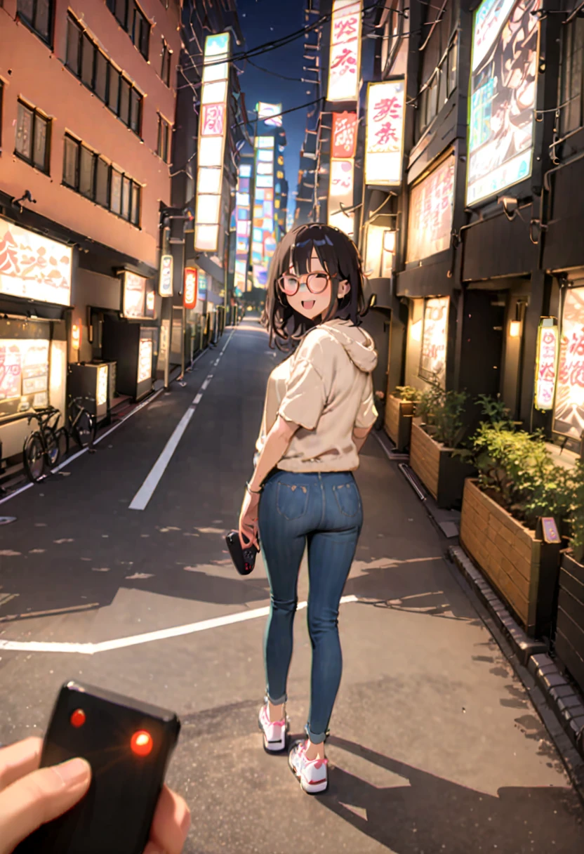 masterpiece, best quality, very aesthetic, absurdres,
1girl, solo, glasses, black hair, medium hair, medium breasts, casual style, jeans, t-shirts, sneakers, hoodies, simple accessories, comfortable clothing, bag, laughing, looking back,
remote controller, remote control, holding, pov, juso, lovehogai, scenery, japan, night, lamppost, outdoors, tree, building, road, city lights, street, night sky, light, lights, sign, city, english text, neon lights,
<lora:remocon_SDXL_V2:0.8> <lora:lovehogai_juso_SDXL_V1:0.8>