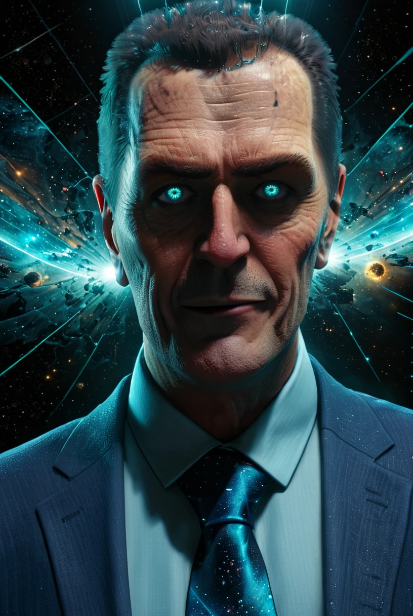 (gman) adjusting tie, looking at down at viewer, glowing aqua eyes, smirking <lora:Gman v1.0-000020:0.9>
beautiful planet, galaxies, stars, planets, bright reflective colours, mirrors
[reflections, dark lighting, light rays, beams of light, realistic, high quality photo, 4k, hd, , ral-frctlgmtry]
<lora:xl_more_art-full_v1:0.6> <lora:add-detail-xl:0.5> <lora:ral-frctlgmtry:0.5>