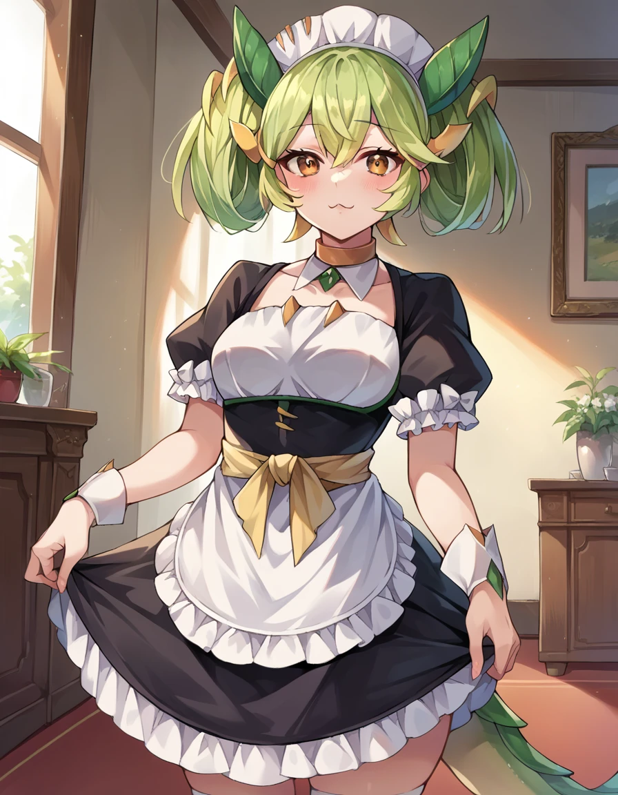 score_9, score_8_up, score_7_up, source_anime,
parlordragonmaid, <lora:parlor-dragonmaid-ponyxl-lora-nochekaiser:1>,
parlor dragonmaid, dragon girl, green hair, brown eyes, dragon tail,
clothing cutout, dress, frilled dress, frills, maid, tail,
indoors,
looking at viewer, cowboy shot, dutch angle,