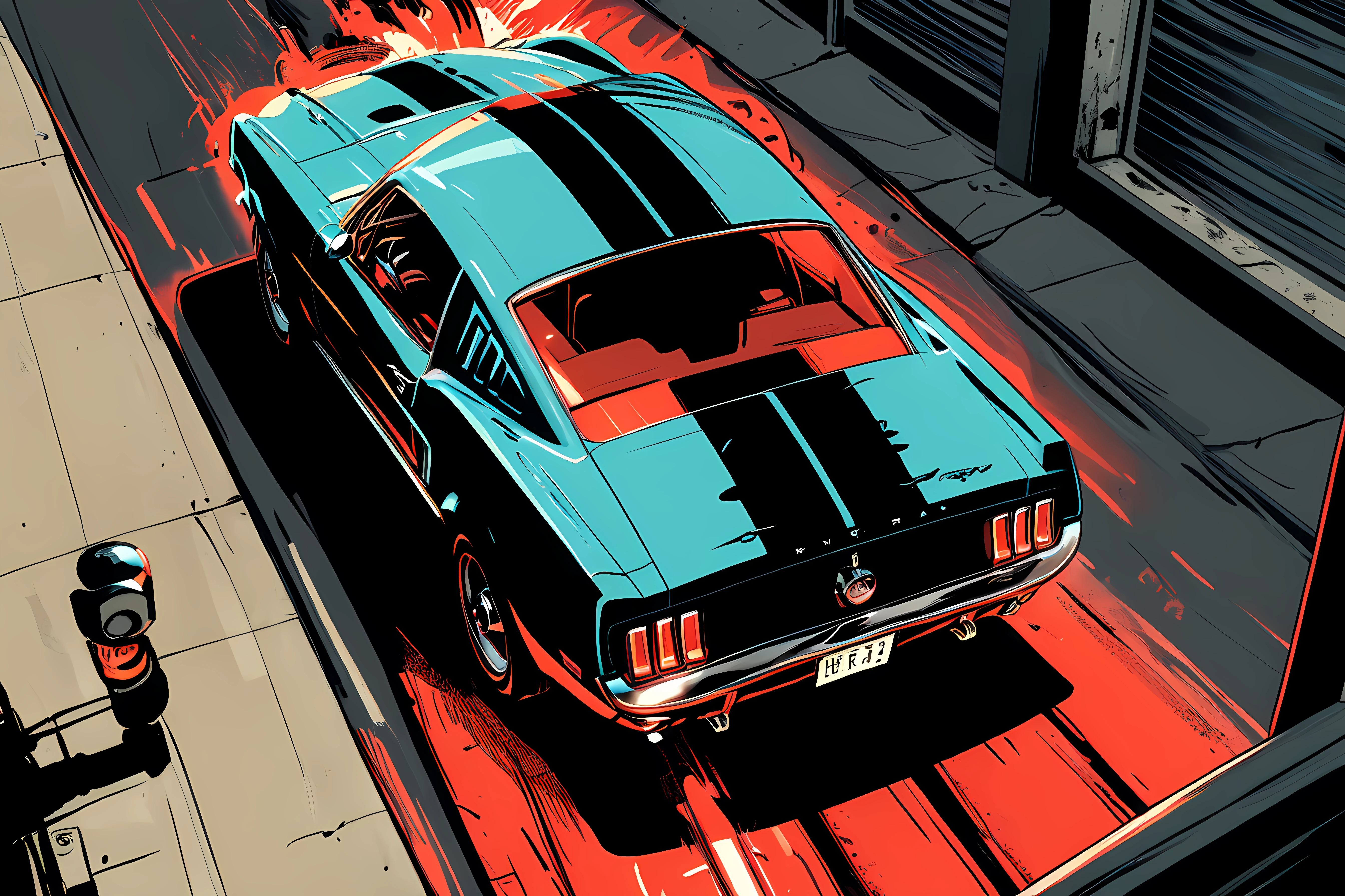 <lora:the_pulp_session_lora_f16:1>,, Birdâs-eye view of a ford mustang, car chase, epic, action, cinematic, motion trails, colored inked, comics, graphic novel illustration, flat colors, highly detailed, large gradient, paper texture, go pro, color graded illustration, comics page, nighttime, taillights, behind, (rear view):1.2