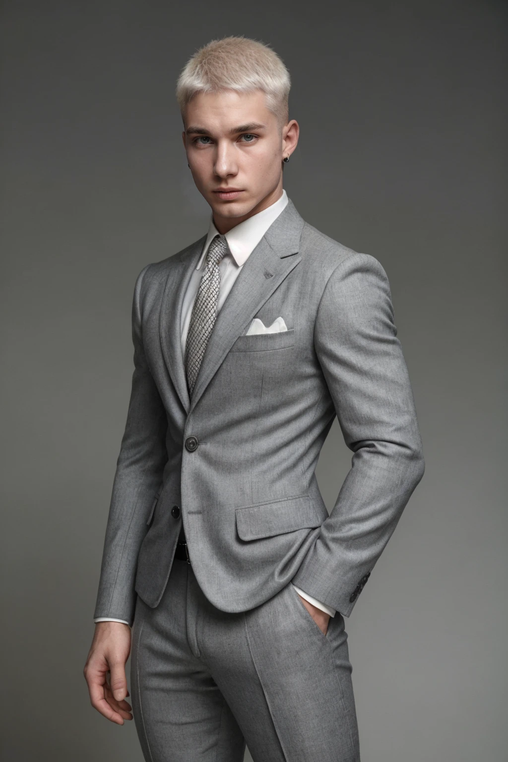 photo olafperson <lora:olaf_epoch_4:0.8>, blond buzzcut, stud earrings, wearing a tight-fitting tailored Thom Browne wool suit and pants, notched lapels, belt, against simple background, relaxed natural expression, Terry Richardson Style, fashion photography, editorial