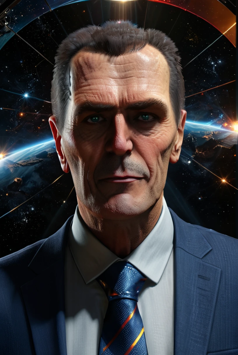 gman portrait adjusting tie, looking at camera  <lora:Gman v1.0-000020:0.9>
 portrait angle, beautiful planet, galaxies, stars, planets, bright reflective colours, mirrors
[reflections, dark lighting, light rays, beams of light, realistic, high quality photo, 4k, hd, , ral-frctlgmtry]
<lora:xl_more_art-full_v1:0.6> <lora:add-detail-xl:0.5> <lora:ral-frctlgmtry:0.6>