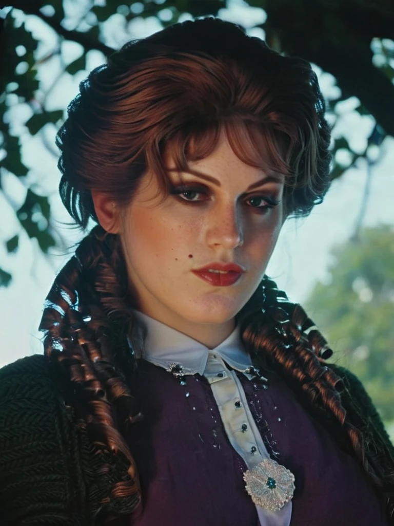 <lora:SDXL_MaryBeth:1.2>, MaryBeth, with brown hair tucked secured with a decorated hair-clip with curled hair-pieces pulled over both shoulders, wearing a purple blouse with a white collar worn with a dark green shawl, and black boots, :q, jealous, medium shot, (masterpiece, high resolution, Technicolor filmstill:1.3), the most hauntingly telegenic woman, (piercing gaze:1.2), (dark allure:1.1), lying in a redoubtable rope bridge at late morning, casting eerie shadows, (intense expression:1.1), (ghostly pale skin:1.1), (whispers of the night:1.2), reaching out like skeletal fingers, (horrendous atmosphere:1.2), (foreboding presence:1.1), shot on a 35mm Arriflex camera with an Angenieux 25-250mm f/3.2 lens, adding a cinematic quality to the haunting scene, a captivating blend of beauty and darkness in a Technicolor filmstill that evokes an ethereal sense of otherworldly enchantment, perfect eyes
