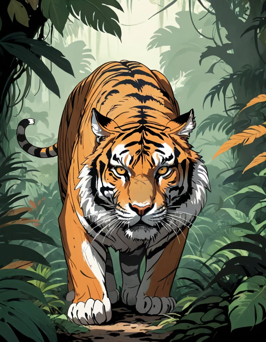 Illustration of a majestic Tiger, (powerful and regal:1.2), (striking tiger character:1.1), (piercing gaze:1.2), (beautiful fur patterns:1.1), (wild and untamed aura:1.2), (natural habitat background:1.1), (lush jungle setting:1.1), (captivating wildlife art:1.1), (detailed features:1.1), (dynamic pose:1.2), (realistic art style:1.1), (rich color palette:1.1), (expressive eyes:1.2), (strong and fierce presence:1.2), (wild beauty captured:1.2).