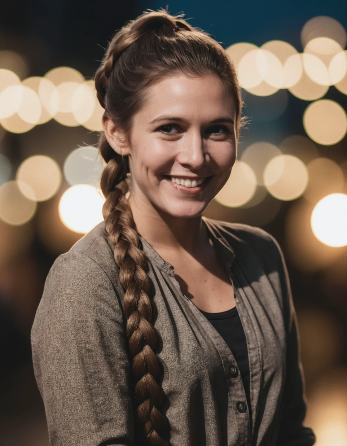 high resolution photo of le_ia with braided ponytail full body shot,she is smiling,the scene has a dramatic look,volumetric lighting and bokeh,the background is super detailed,the shot is cinematic